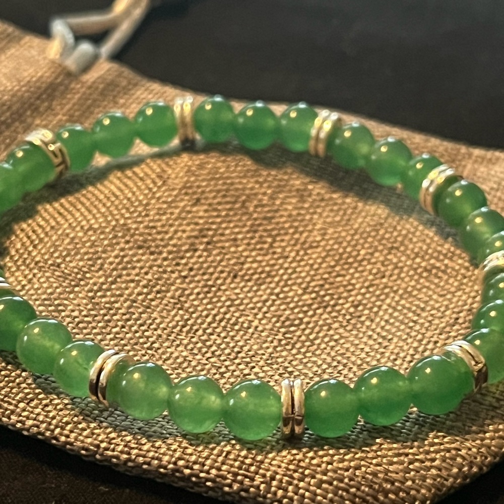 Hand beaded green aventurine bracelet with silver accents